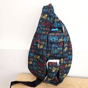 KAVU Rope Sling Bag Colorful Bikes All‑Over Print Original Outdoor Travel Blue